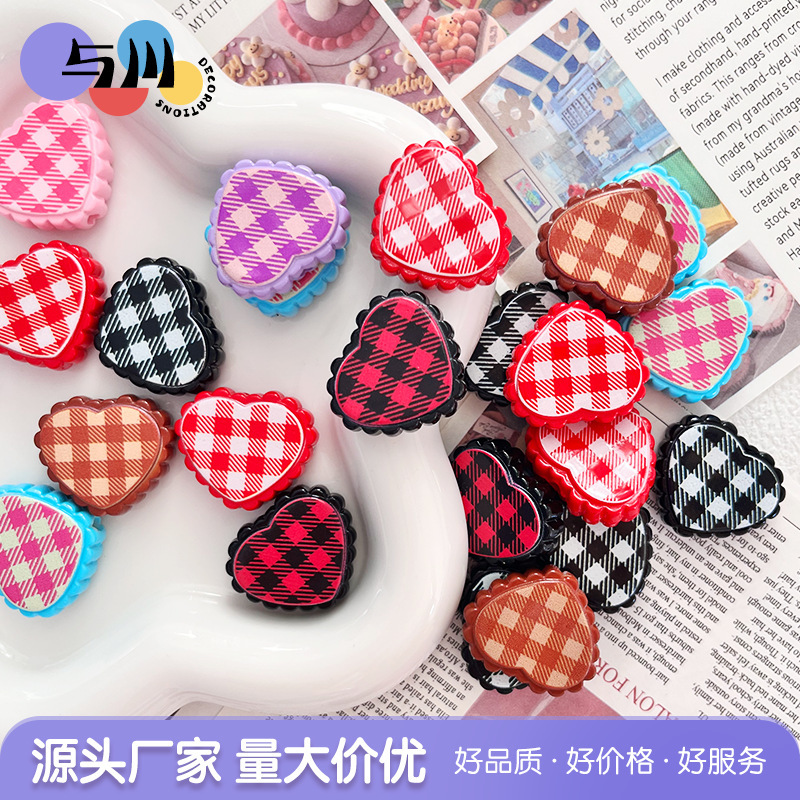Japanese-Style Fresh Acrylic Lace Plaid Heart Beads DIY Beaded Car Keychain Phone Chain Accessories