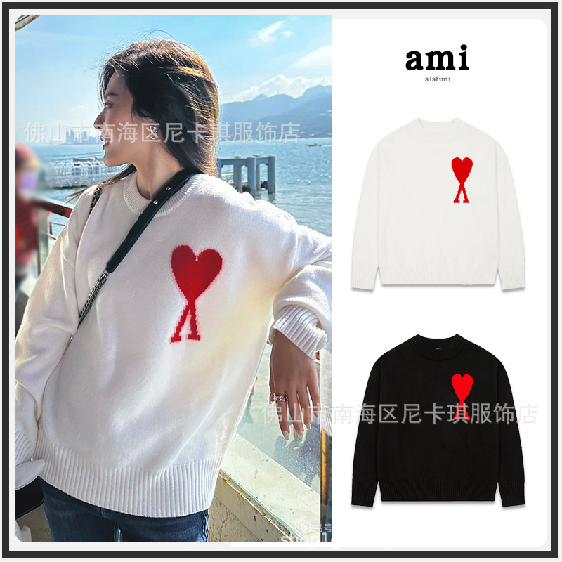 Heavy Weight! Ami Knitwear Round Neck Big Heart 25Ss New Couple Loose Cross-Border Women's Knitwear Round Neck Long Sleeves