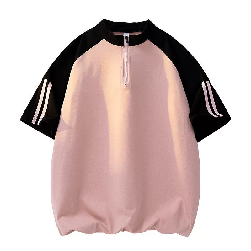 OBCY fashionable youth men's summer new style spliced ​​stand-up collar five-sleeve T-shirt men's versatile fast commuting style
