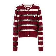 现货2025秋季新款复古条纹学院风刺绣修身显瘦针织开衫女 3J3E512