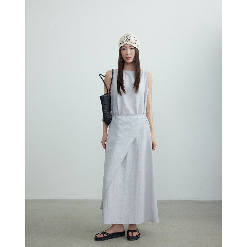 EVERTRUE 2025 Summer Korean-style Thirteen-line Tencel Vest dress Women's Sleeveless Midi Dress for 32624