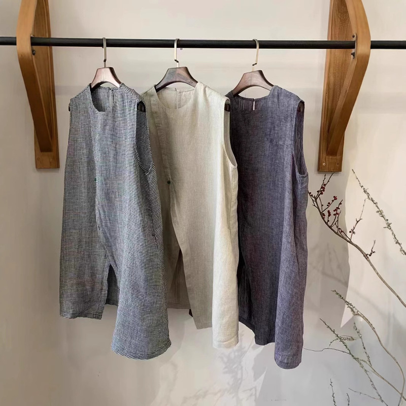 New Chinese Style Irregular Front Split Linen Top Women's Summer New Loose All-match Slimming Sleeveless Shirt Waistcoat