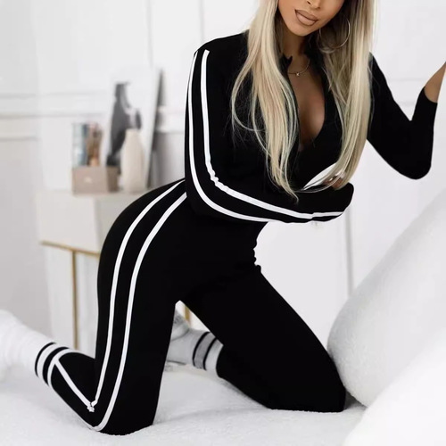 2024 Cross-border Independent Station Foreign Trade New Women's Autumn/Winter Fitted Striped Zipper One-piece Dress