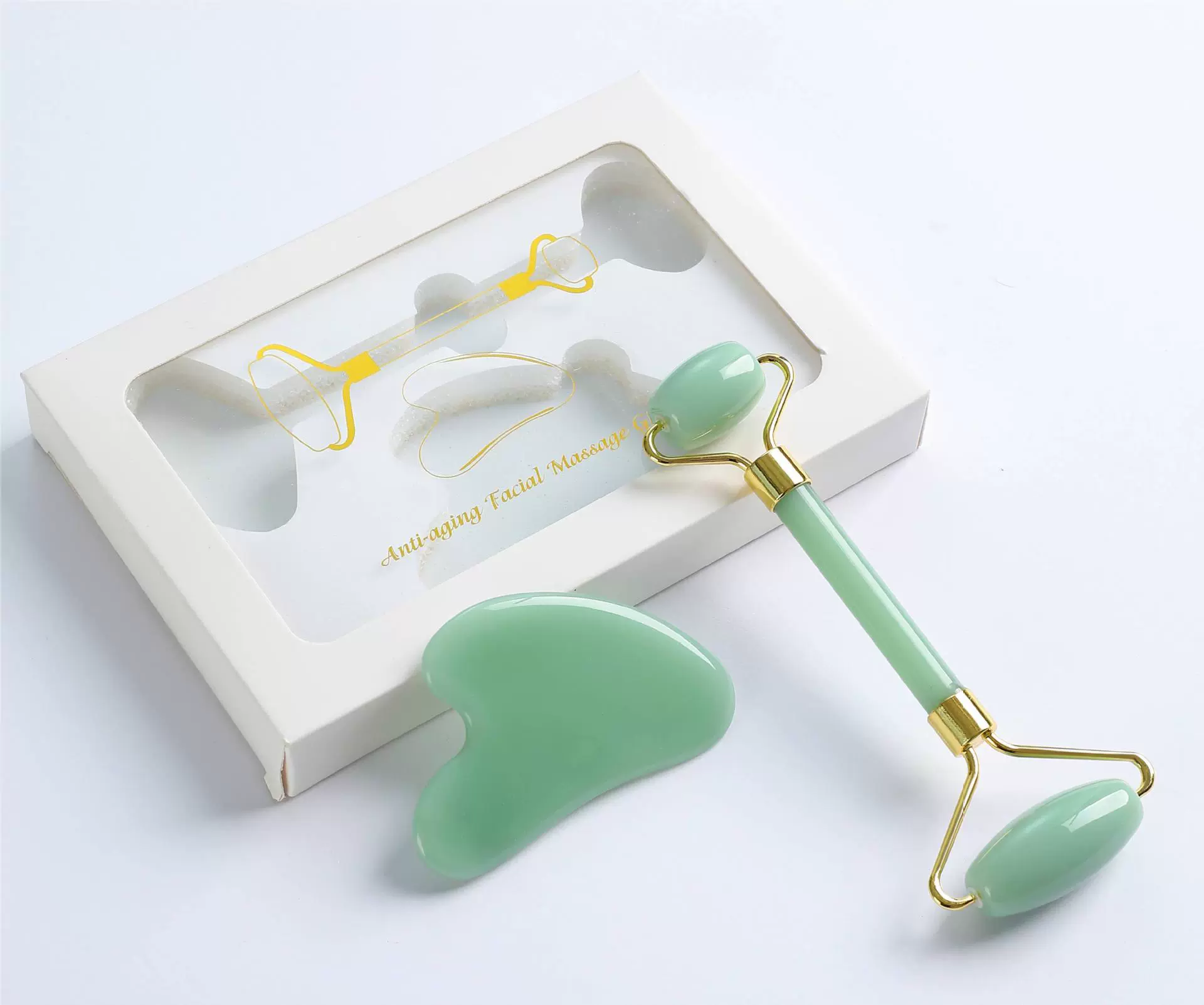 Jade Face Massager — Double-Sided Roller & Gua Sha, Metal Frame, Gift Box Options