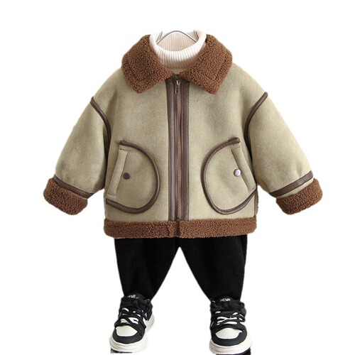 4592 Boys' Fleece Lined Coat Autumn/Winter  New Baby Winter Outfit Faux Fur Wool Coat Children's Wear