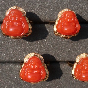 Fubei Diamond Jewelry [18K Gold with Diamonds and Sichuan Material Nanhong Carved Maitreya Buddha Ring] Loose Stone about 13*13mm