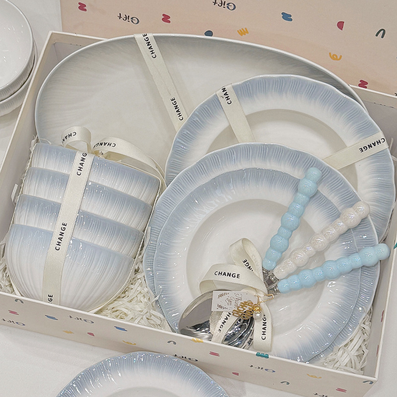 Dinnerware Set for Home Use, Cream-Style High-Value Ceramic Bowls and Plates, Rice Bowls, Plates, Housewarming Bowl Set