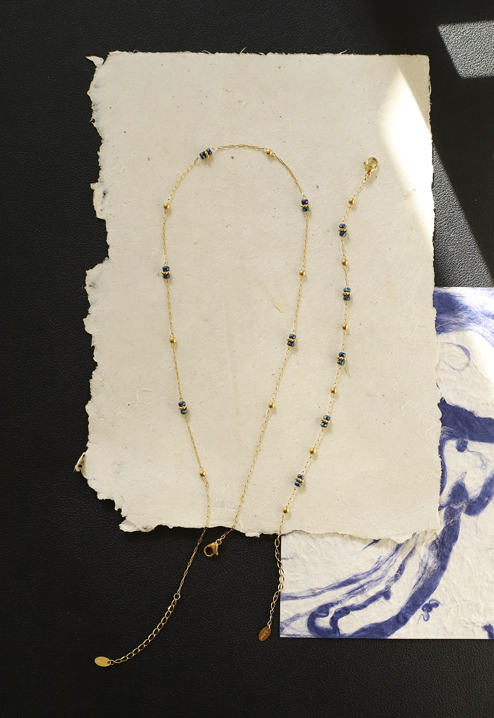 Imitation Blue Gold Beads Stainless Steel Necklace Bracelet Sets