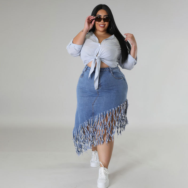 Gonna di jeans da donna taglie forti con nappine, nuova moda primaverile per la donna._voghion.com