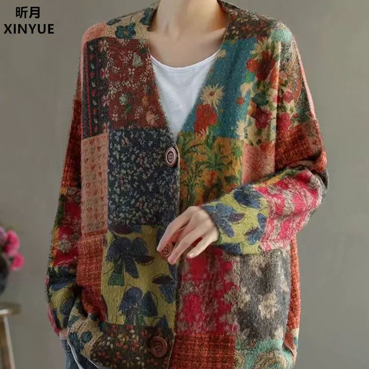 2025新款春秋v领水貂绒针织衫女宽松韩版休闲毛衣女开衫外套跨境