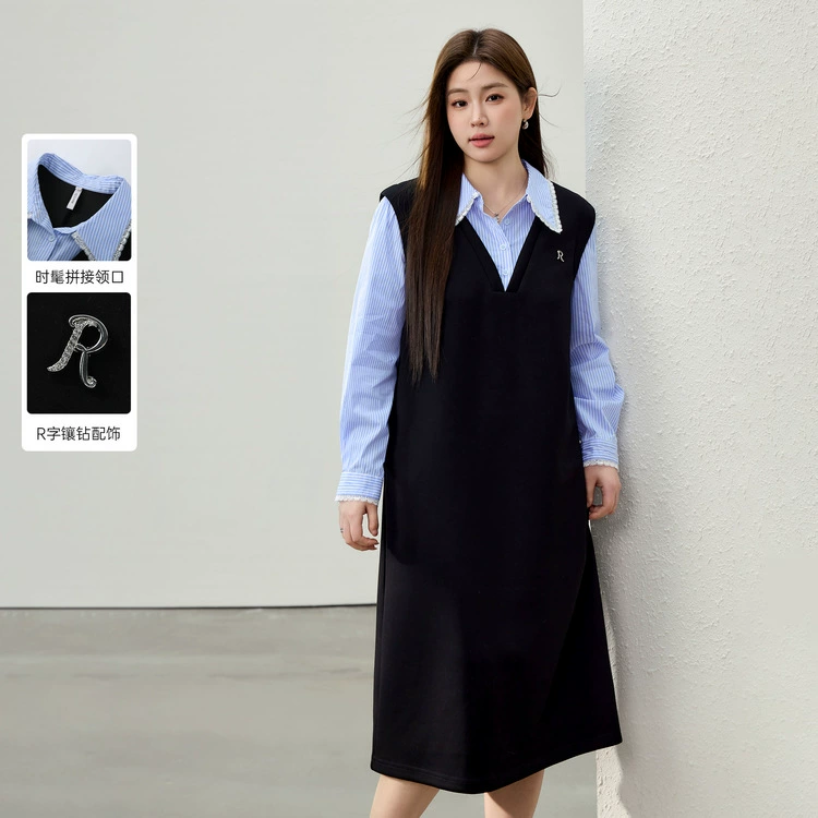 [Модное контрастное сшитое платье с декольте] Цветное шоу большой размер женский толстый mm2025 весенний костюм новый