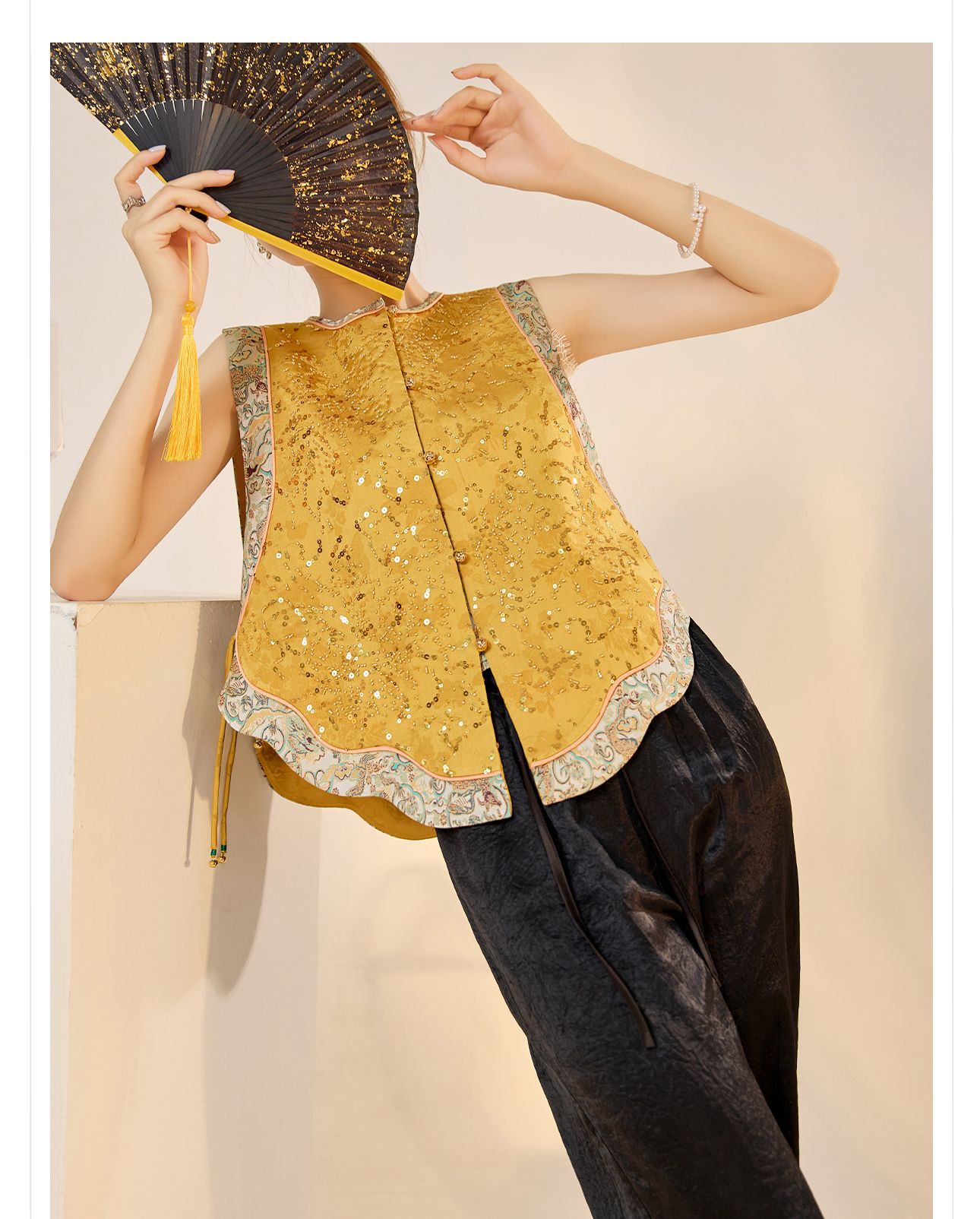 Áo vest gile nữ phong cách retro Tân Trung Hoa, cổ đứng, thêu đính hạt cườm tinh xảo — Vàng chanh chi tiết 13