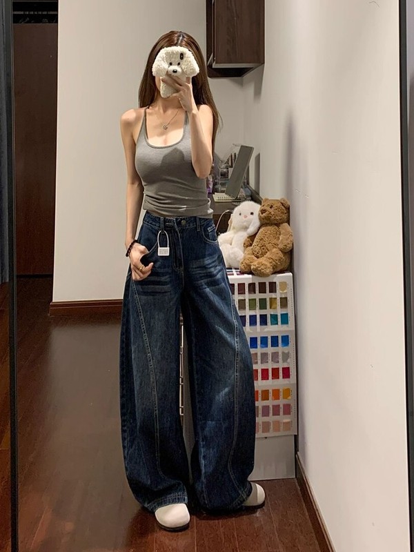 美式复古高街弯刀阔腿牛仔裤女春秋新款高腰垂感显瘦百搭拖地裤子|undefined
