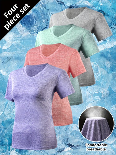 Cross-border Amazon hot sales summer sports short-sleeved women's figure-fitting quick-drying breathable T-shirt V-neck running outdoor Europe and America