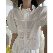 法式少女甜美白色蕾丝衬衫 夏季女装短款泡泡木耳边提花上衣