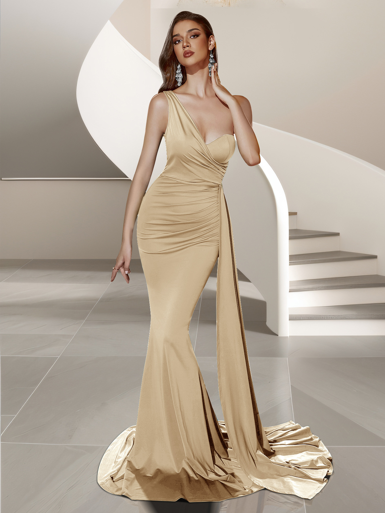 Vestido de mujer transfronterizo, fiesta de banquete, vestido de dama de honor, vestido largo de un solo hombro, sin espalda, vestido de alta gama image 8