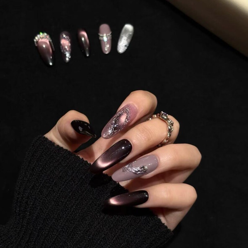 Purely Handmade Wearable Nails, Black and Purple Cat-Eye Sexy, Sweet and Cool Royal Sister Atmosphere, Whitening, High-End, Accessible Luxury Manicure Tablets