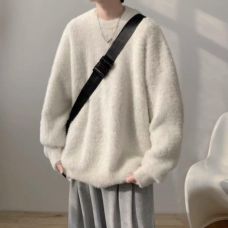 2023 Sweater Men's Winter Thickened Korean-style Trendy Base Knitted Sweater Loose Inner Riding Hong Kong-style Round Neck Sweater Cotton