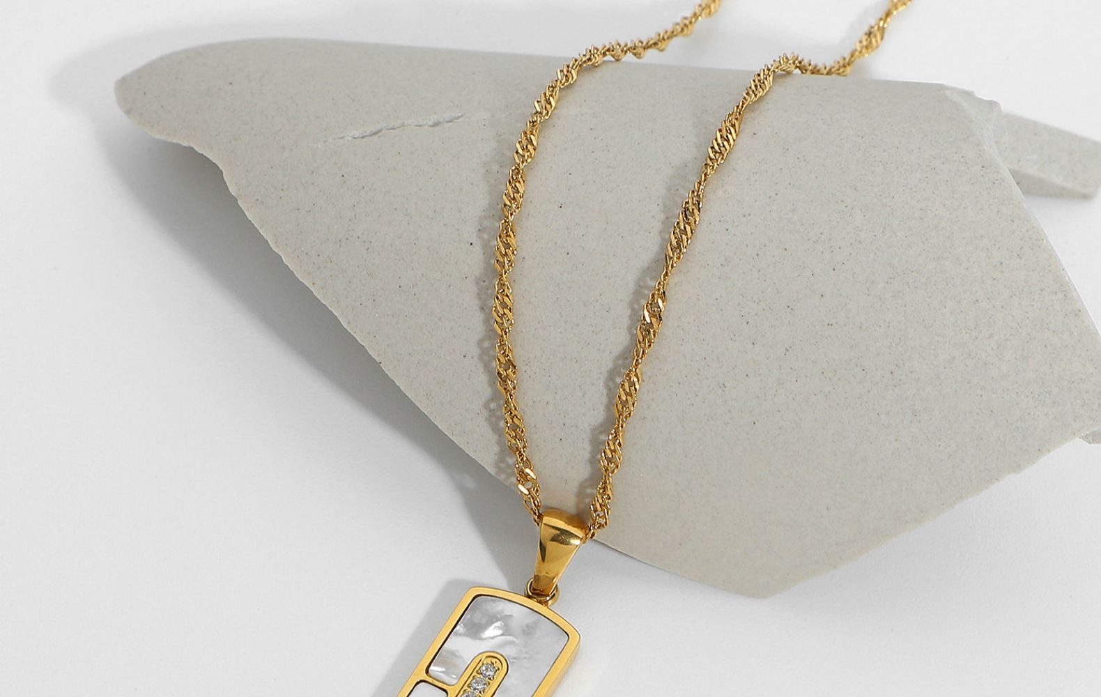 elegant zircon rectangular pendant 18K goldplated stainless steel necklacepicture2