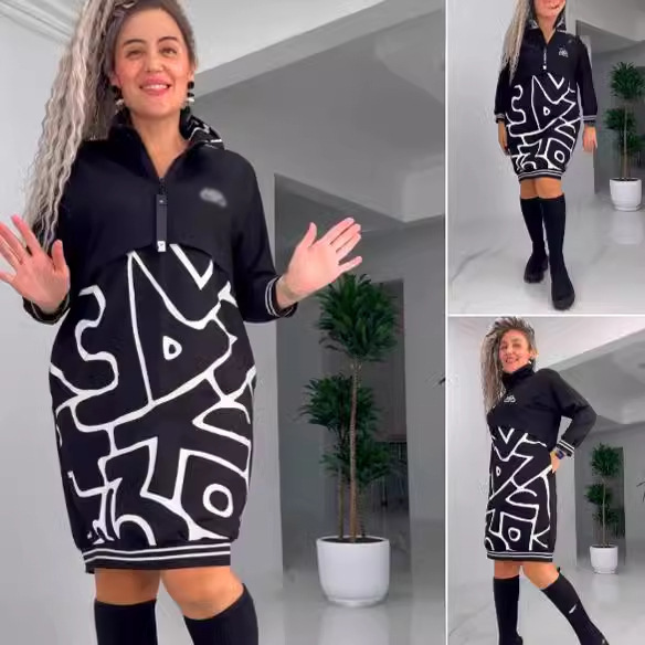 跨境2026欧美亚马逊秋冬季新款女士休闲连衣裙假两件印花修身长裙