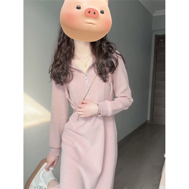 Pink Hooded Long-Sleeved Dress for Women 2026 New Early Autumn Knitted Sweatshirt Mid-Length Skirt Korean Style Outfit