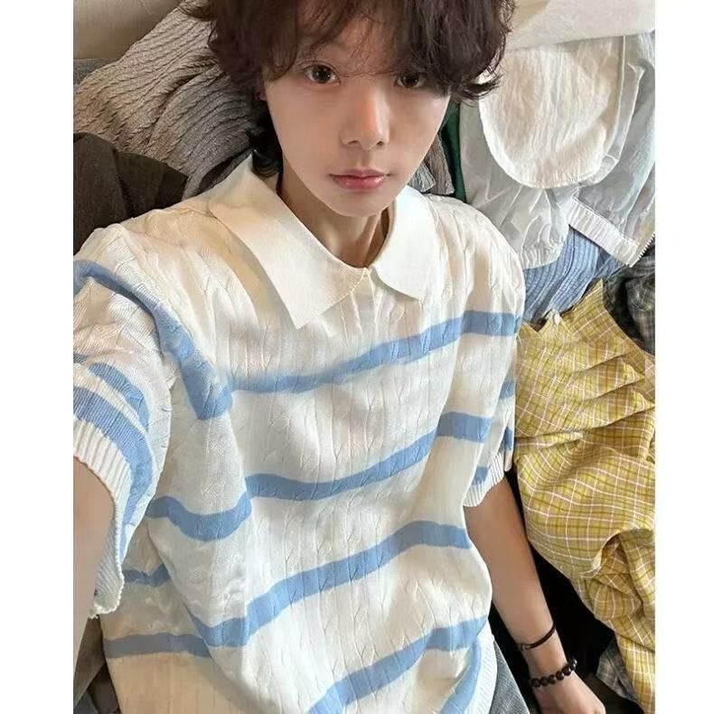Summer White Coarse Knit Polo Shirt for Men with a Unique Design, Striped High-End Short-Sleeve Top T-Shirt