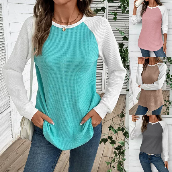 2025 European and American Cross-Border Women's Clothing Amazon Autumn and Winter New Style Stitching Contrasting Waffle Round Neck Long-Sleeved T-Shirt Tops