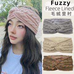 欧美加绒交叉彩点发带厚毛线针织运动头带护耳保暖加里衬防寒头套