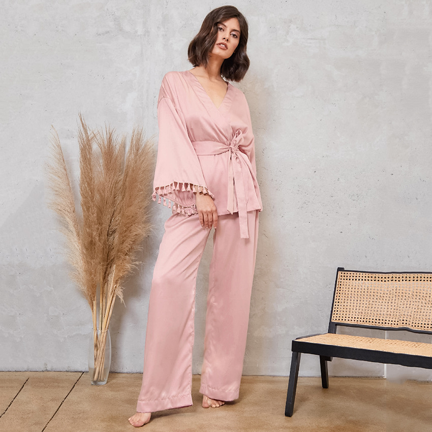 thin section satin tassel stitching long sleeve pajamas set NSMSY137963