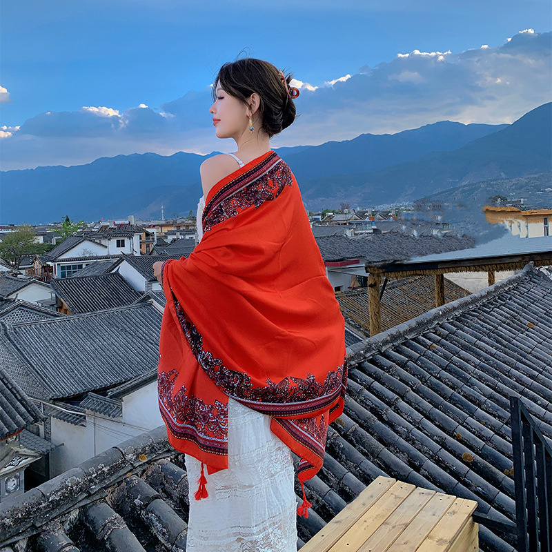 Estilo étnico algodón y lino siente gran bufanda larga borla bufanda viaje protector solar Toalla de playa mujer rojo vintage chal