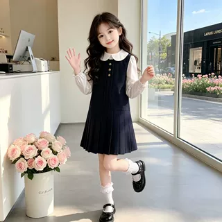 女童连衣裙套装2026春秋新款儿童洋气娃娃领衬衣公主裙女孩学院风