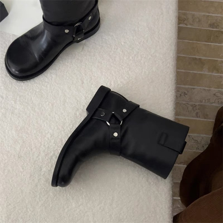 Cowhide Version~Korean Style Metal Buckle Mango-Toe Rider Short Boots, Retro Versatile Flat-Soled Simple Mid-Calf Boots