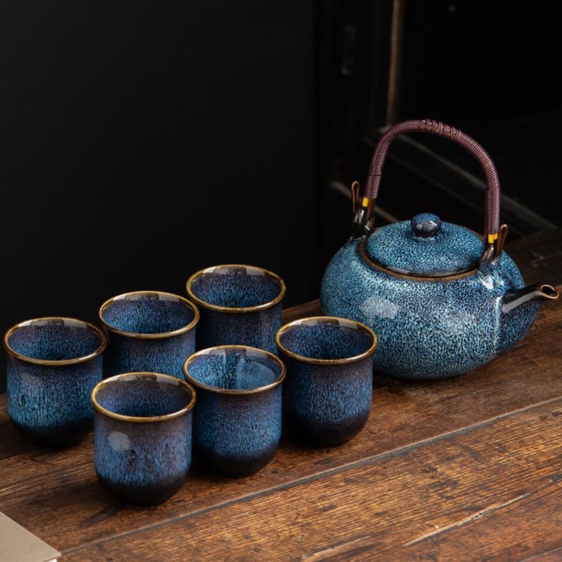 horno de alambre de dibujo de cerámica conjunto de tetera de té de siete cabezas tetera de viga doméstica sala de estar kung fu tetera de té de gran capacidad
