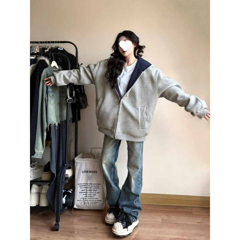 灰色撞色卫衣外套女秋冬2025新款宽松慵懒风韩系穿搭开衫上衣女装|undefined