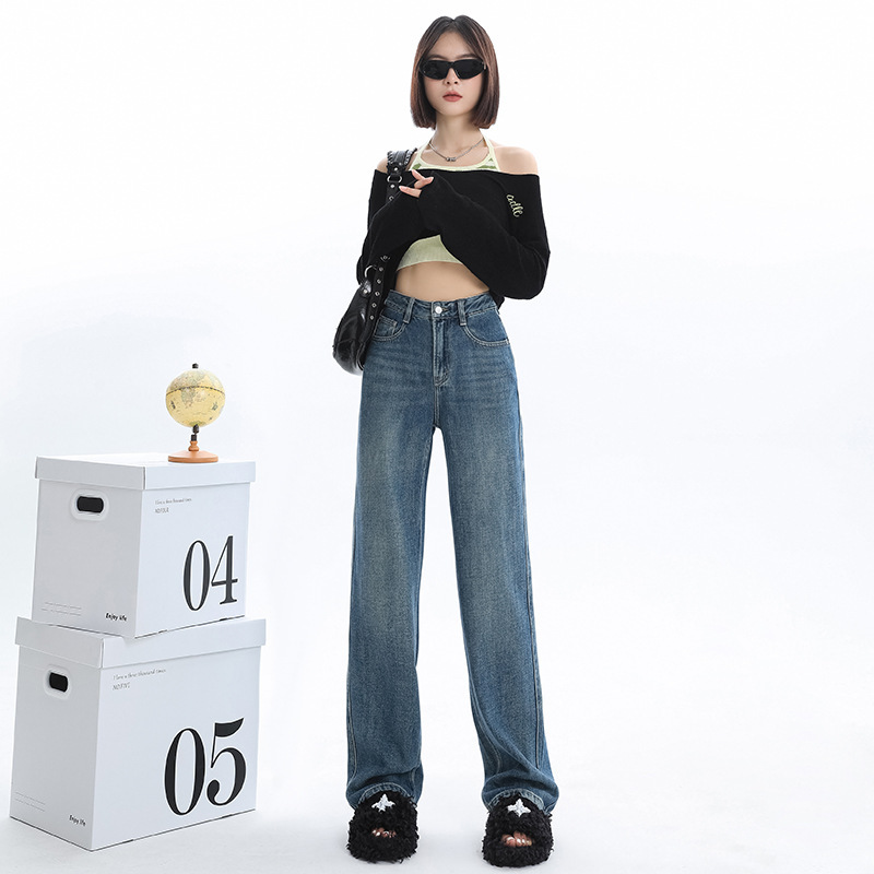 【Jinyin】Women's Jeans for Autumn and Winter, Fleece-Lined, Slim-Fit Wide-Leg Pants, High-Waisted, Drapey, Floor-Length, Thickened Straight-Leg Pants