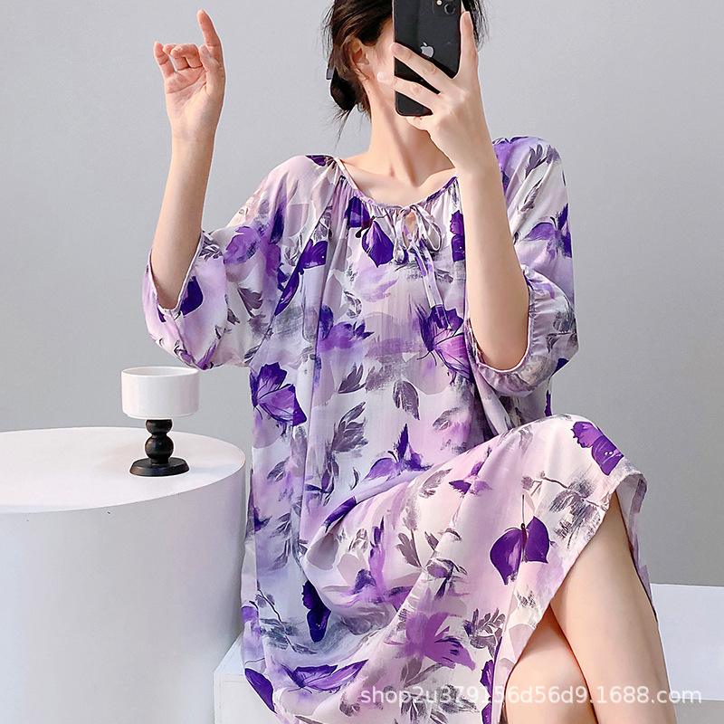 2025 新しい女性のための寝間着春と夏の綿シルク新中国風クールな人工綿ロングスカート綿シルクパジャマ大きいサイズ|undefined
