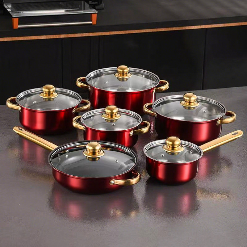 12 piezas de acero inoxidable paneles de comercio exterior transfronterizo colorido antiadherente mango de oro exportación cocina set pot