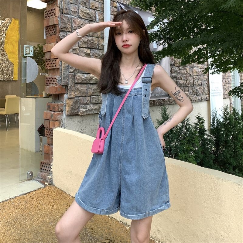 Denim Overalls Shorts for Women, Summer Korean Style 2026 New Cute Youthful Loose Wide-Leg Pants for Petite Figures