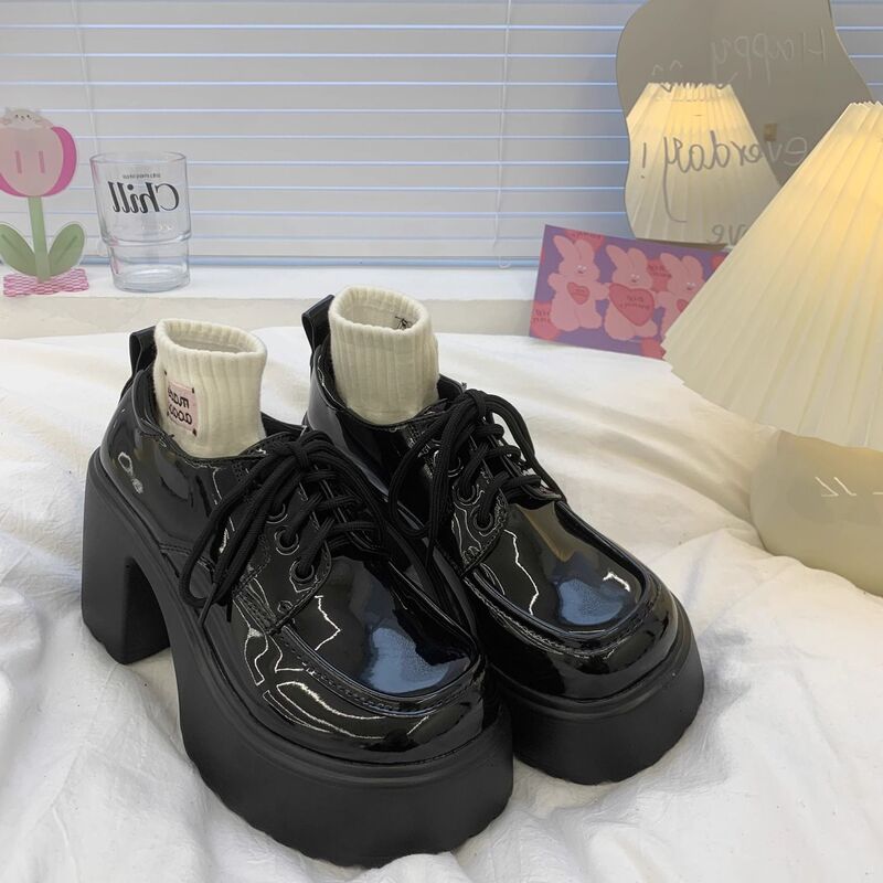 Black Light Coarse High Heeled Leather Shoes Women's 2024 New Fairy Style Round Head Thick Bottom Lace-up Mary Jane Shoes for Height Increase