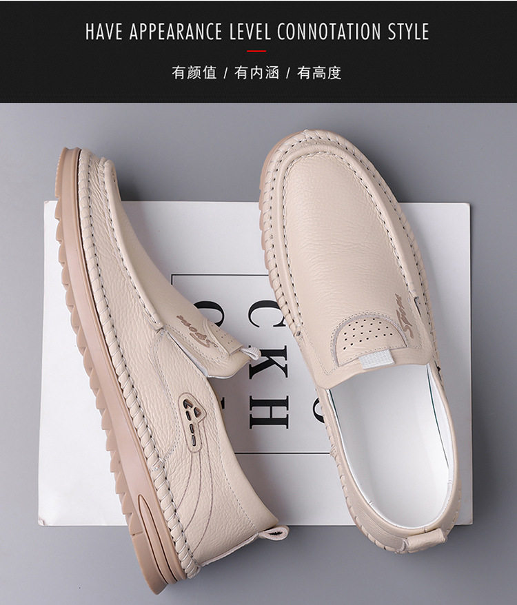 Giày lười nam da bò lớp đầu cỡ lớn, mũi tròn, đế bằng, phong cách casual — Màu nâu, Màu trắng ngà, màu đen chi tiết 8