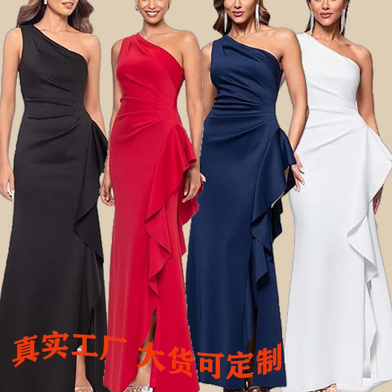 Cross-Border Export 463 One-Shoulder Elegant Pure Color Slim Waist Slit Fishtail Side Ruffled Evening Dress