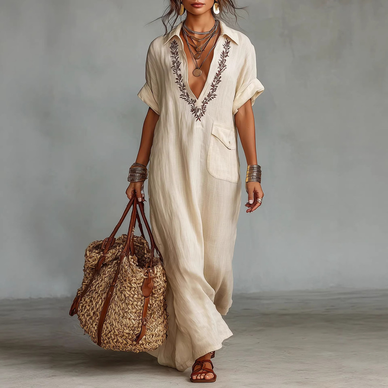2026 European and American Cross-Border Amazon Independent Site Western Casual Cotton-Linen Embroidered Pattern Short-Sleeve Pocket Dress 2026 European and American Cross-Border Amazon Independent Site Western Casual Cotton-Linen Embroidered Pattern Short-Sleeve Pocket Dress