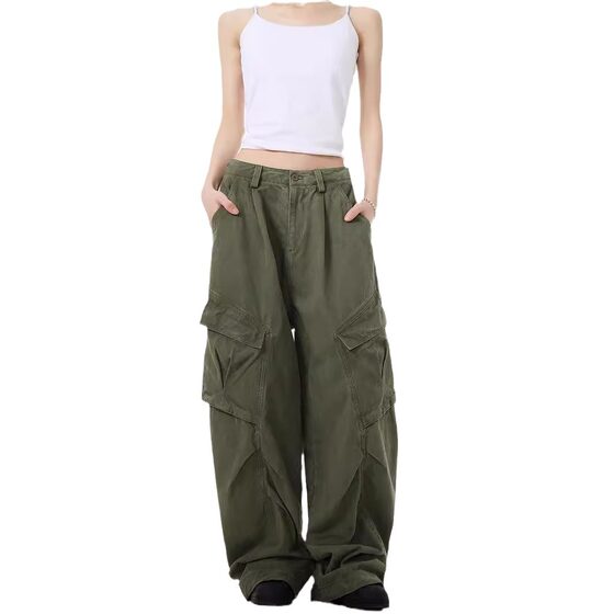 American Style Retro High Street Side Large Pocket Loose Casual Pleated Wide-Leg Crane Pants Deconstructed Design Sense Pants