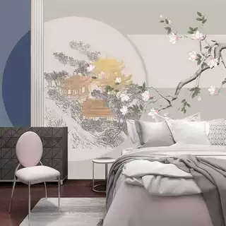 定制新中式花鸟亭台楼阁壁布电视背景墙壁纸客厅沙发卧室书房加工