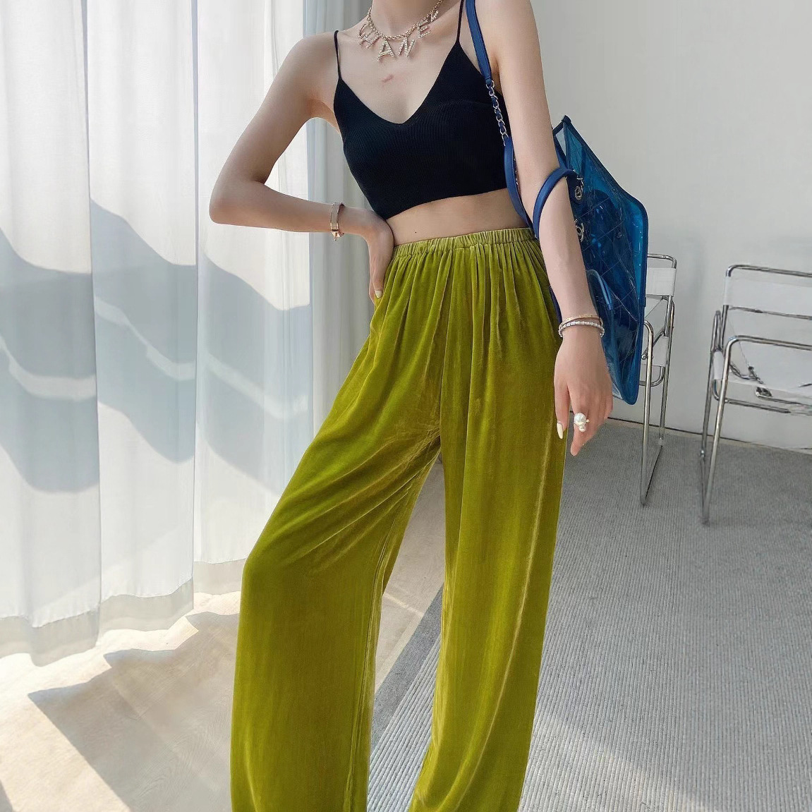 Smooth silk velvet thin fitted trousers