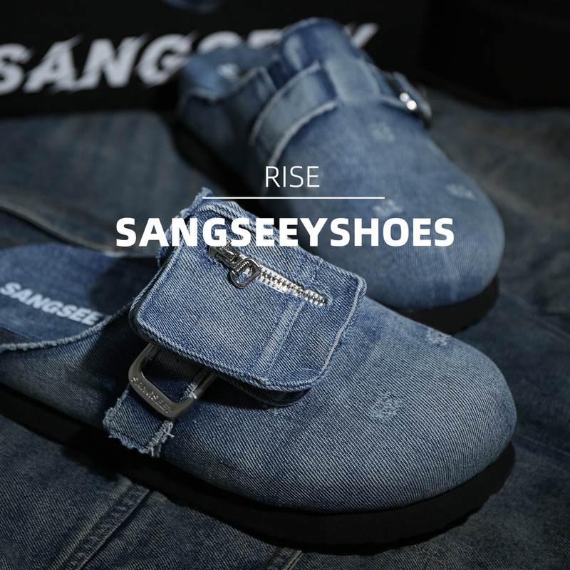 SANGSEEY情侣款隐形增高鞋潮流原创设计款包头拖鞋透气牛仔勃肯鞋|undefined