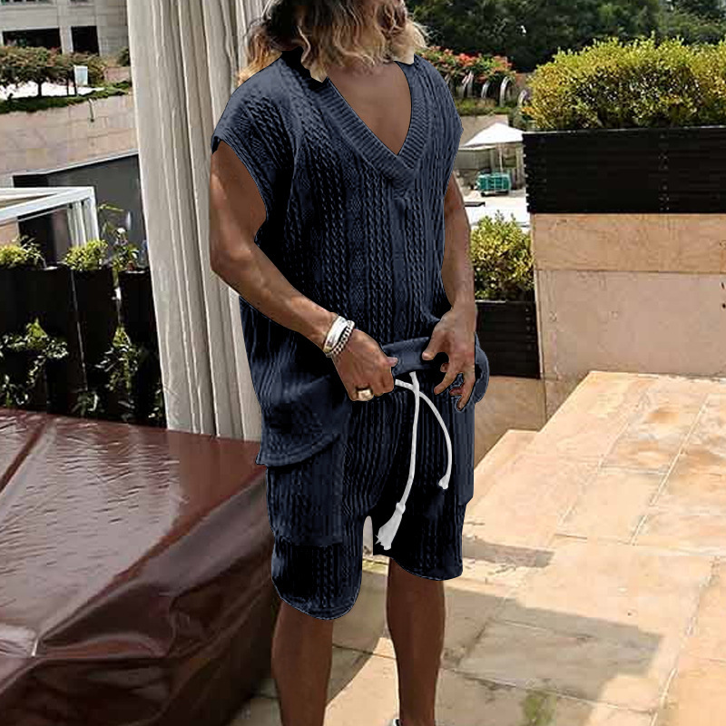 Men's Summer Jacquard Knit Short Sleeve Shirt And Shorts Set, Comfortable Casual Lounge Wear_viptrois.com