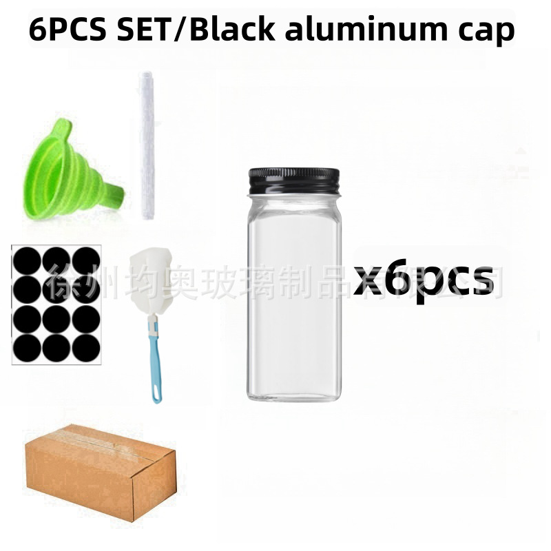 [검은색 알루미늄 캡 모델] 조미료병 6종 세트(마커, 스티커, 깔때기, 브러쉬 포함)