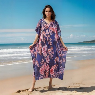 Amazon Cross-Border Beach Skirt Women's Loose Sun Protection Beach Cover-Up Round Neck Fashionable Short-Sleeved Printed Dress