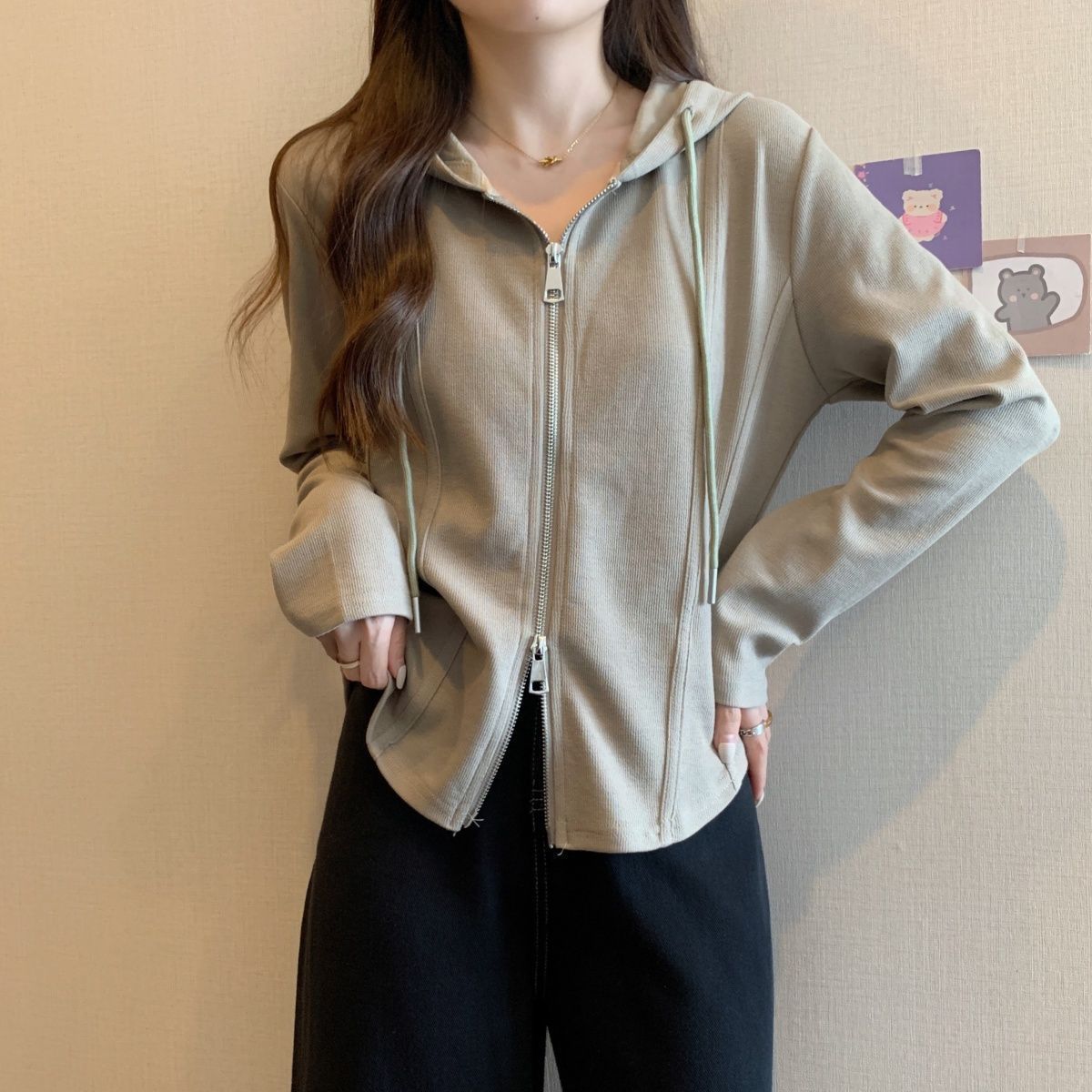 不规则连帽长袖t恤女春秋季2025新款女装韩版宽松显瘦双拉链上衣